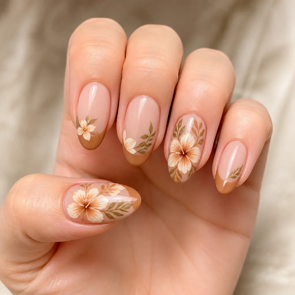 Fair-skinned? Try our tan, oval-shaped Hawaii-themed spring manicure with a classic French tip technique.