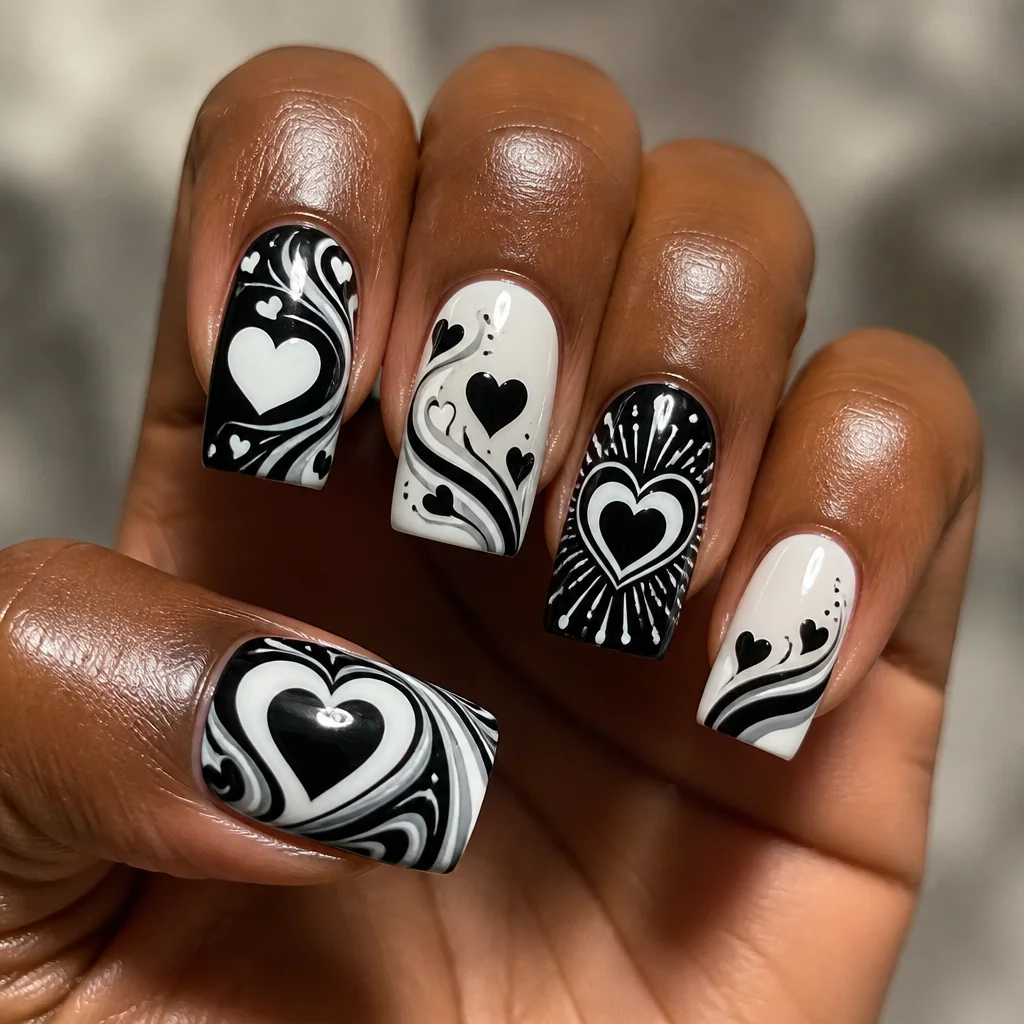 Square shaped nails in black and white with heart-style swirls, perfect for celebrations on deep skin tones.