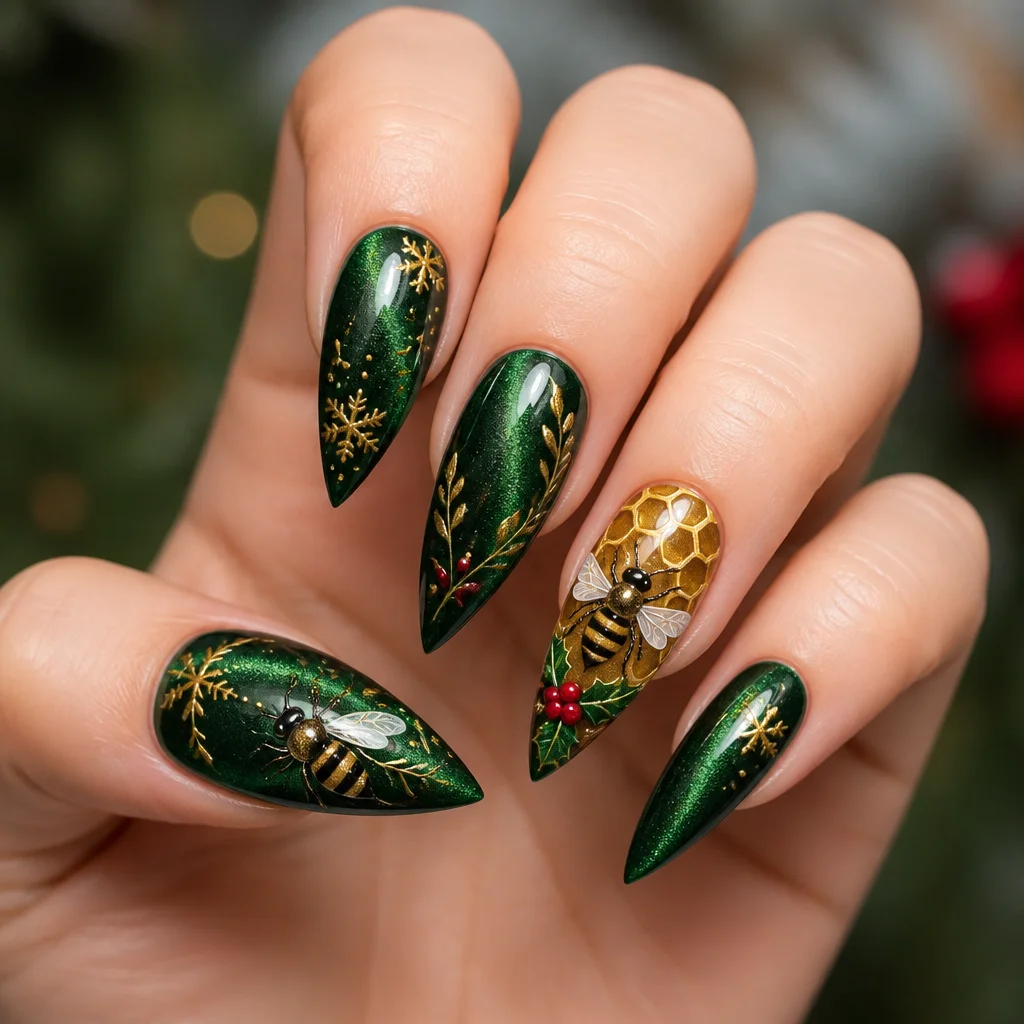 Light skin toned holiday stiletto-shaped nails, in a green christmas color with a unique cat eye technique and bee style.