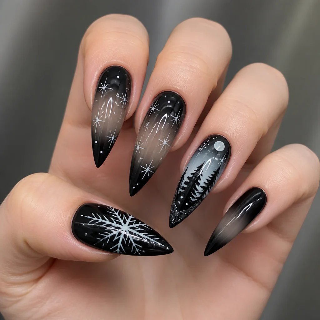 A unique classic holiday stiletto with ombre techniques, perfect for light skin tones.