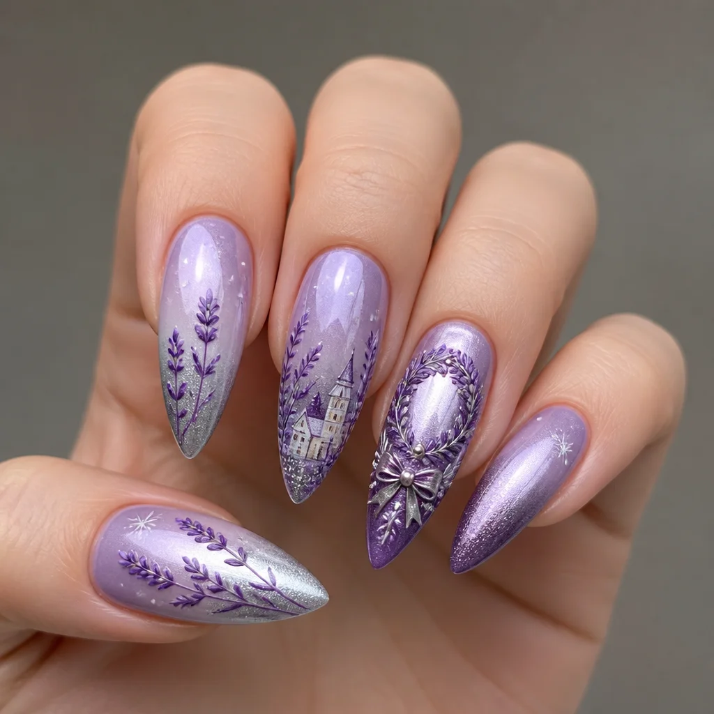 Metallic stiletto nails styled in a lavender ombre theme, perfect for holidays on light skin tones.