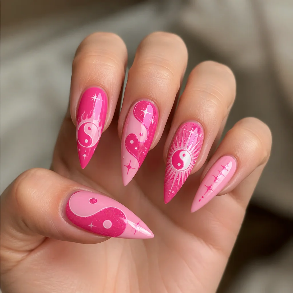 Light-skinned? Try a pink, holiday-themed stiletto-shaped yin yang with a glitter technique.