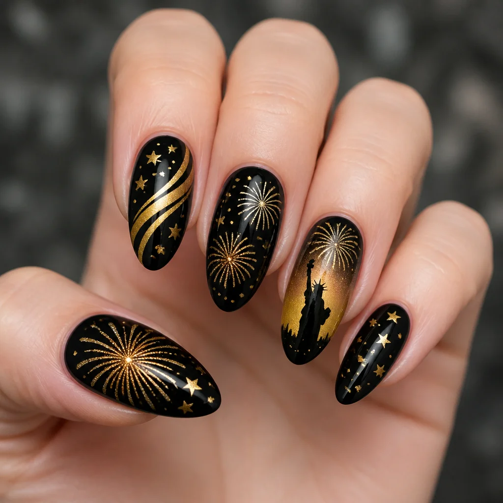 Celebrate 4th of July with these black and gold 3D almond-shaped nails airbrushed for fair skin.