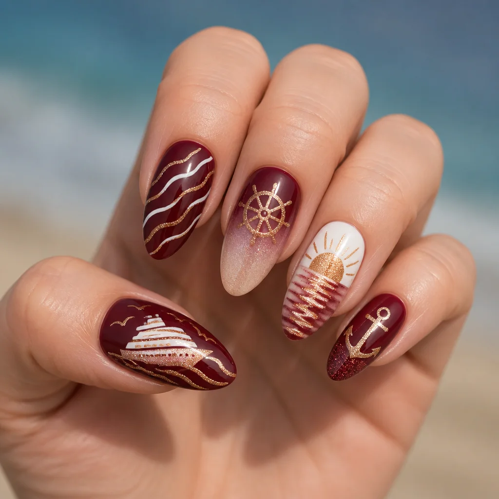 Fun cruise-themed maroon almond-shaped nails glittering beautifully on light skin tones.