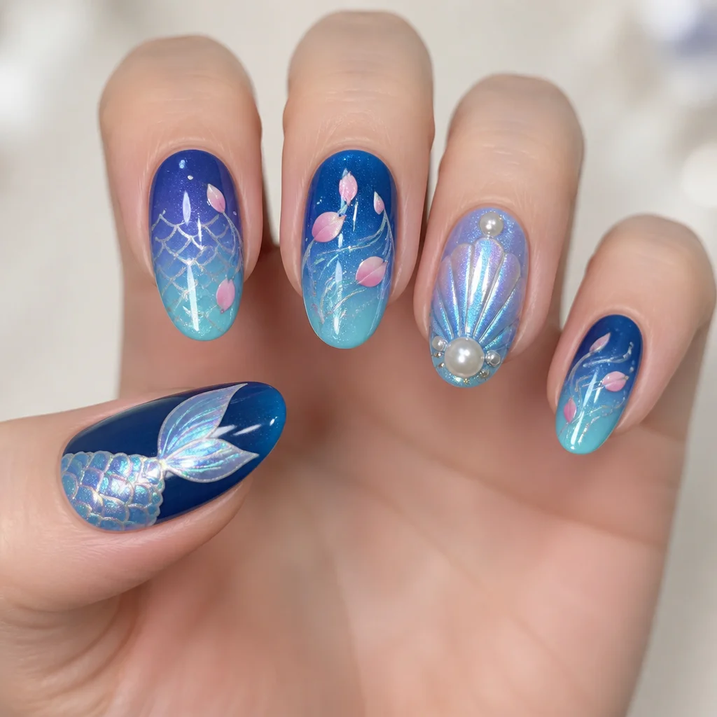 Fair skin tone embraces an airbrushed spring-themed mermaid style in navy blue oval nails.