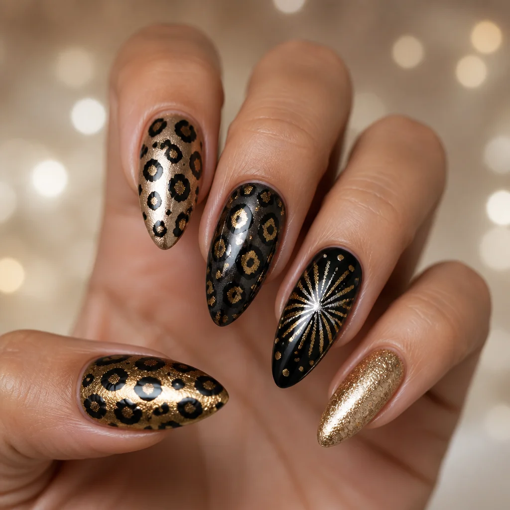 Almond shaped nails with a metallic leopard print for the New Year. Perfect for medium-olive skin using powder dip technique.