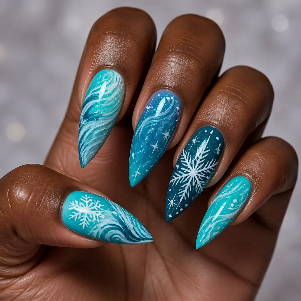 Chic stiletto shaped nails featuring neon turquoise color, highlighted by a swirling winter theme. Perfect for deep skin tones.
