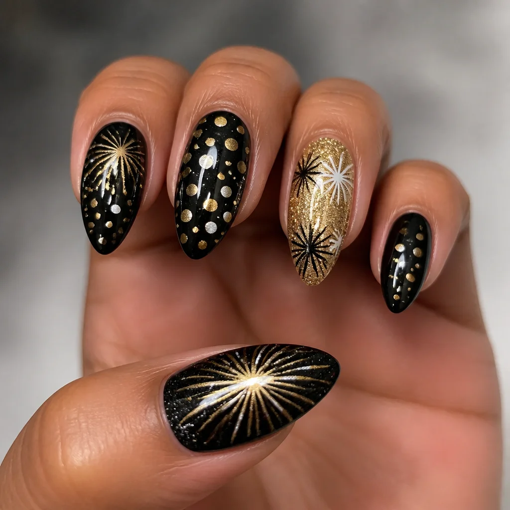 Chic black, New Year-theme nail art. Almond shape, clear style using powder dip technique. Perfect for medium-olive skin tones.