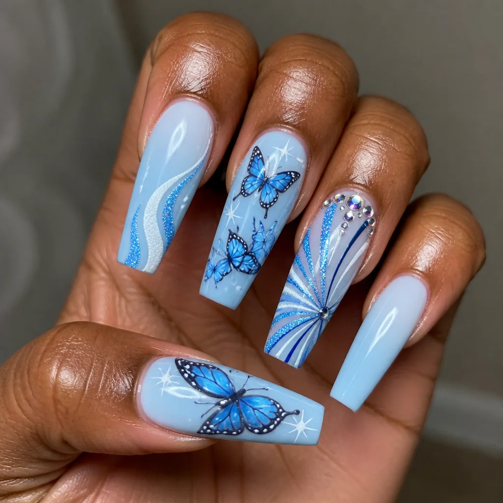 Light blue coffin shaped nails with a party butterfly style, perfect for deep skin tones. Created with dip technique.