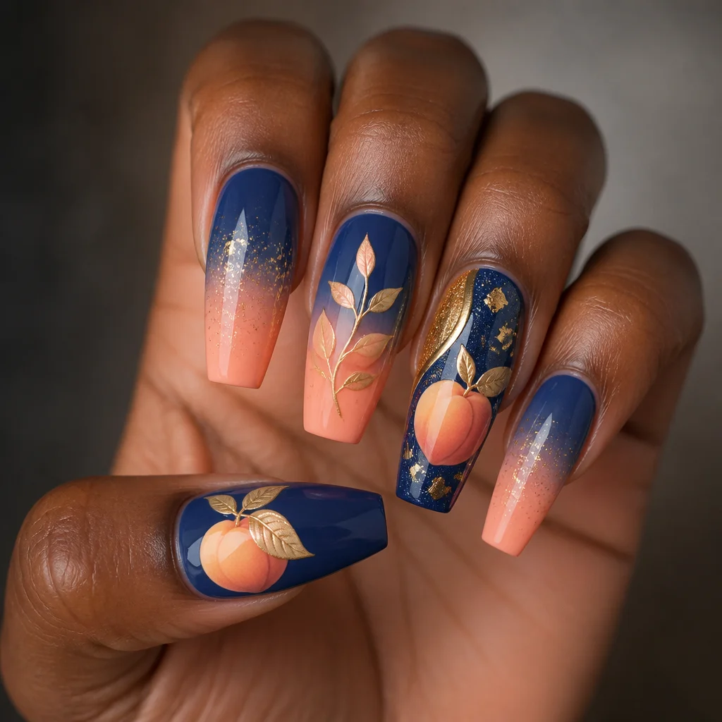 Blue and gold coffin-shaped nails with a party-themed style in peach ombre using dip powder techniques for deep skin tones.