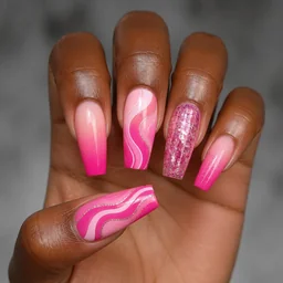 Deep skin tone with coffin-shaped, ombre dip powdered pink nails. An abstract party theme