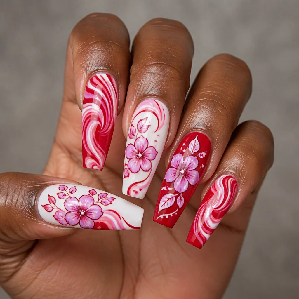 A lively party-themed coffin shaped red and white manicure with lilac swirls, ideal for deep skin tones.
