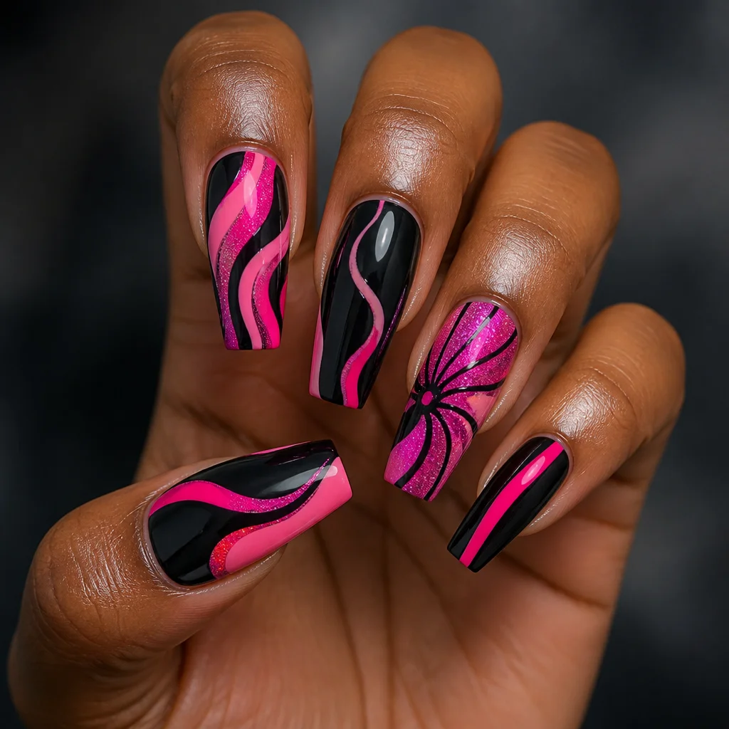 A vibrant, party-themed swirl technique on coffin-shaped nails in shades of black & pink, perfect for deep skin tones.