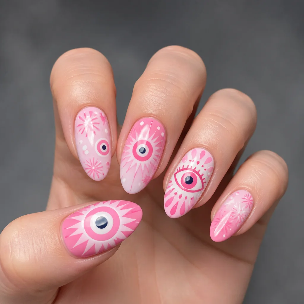Celebrate 4th of July with almond-shaped, pink, and white nails featuring evil eye artistry on fair skin. Airbrushed for perfection!