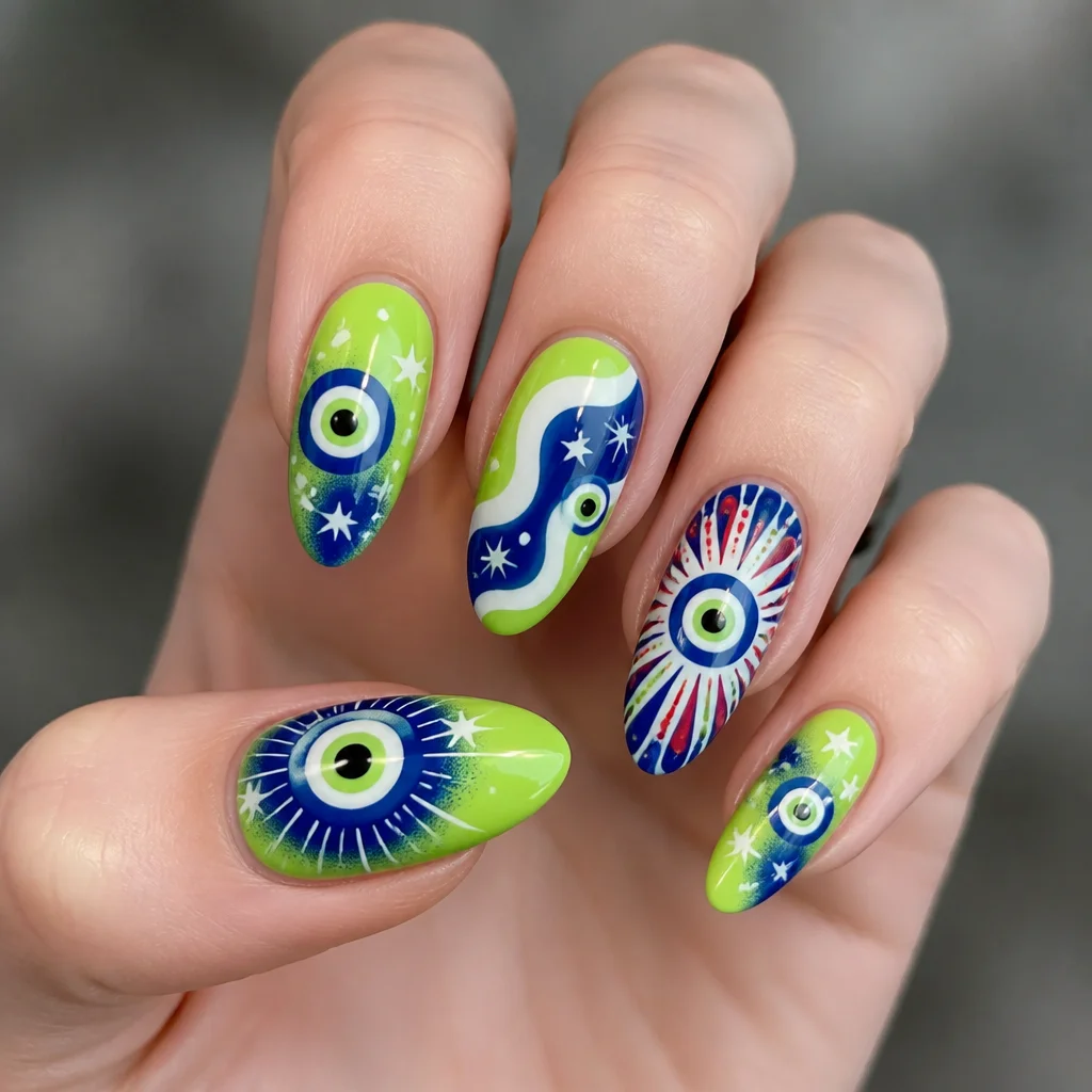 Lime green almond-shaped nails with a 4th of July and evil eye theme atop fair skin using airbrush technique.