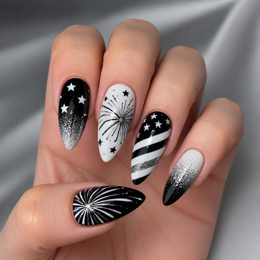 Almond-shaped, black & white ombre glitter. Perfect for fair skin & a fun 4th of July celebration!