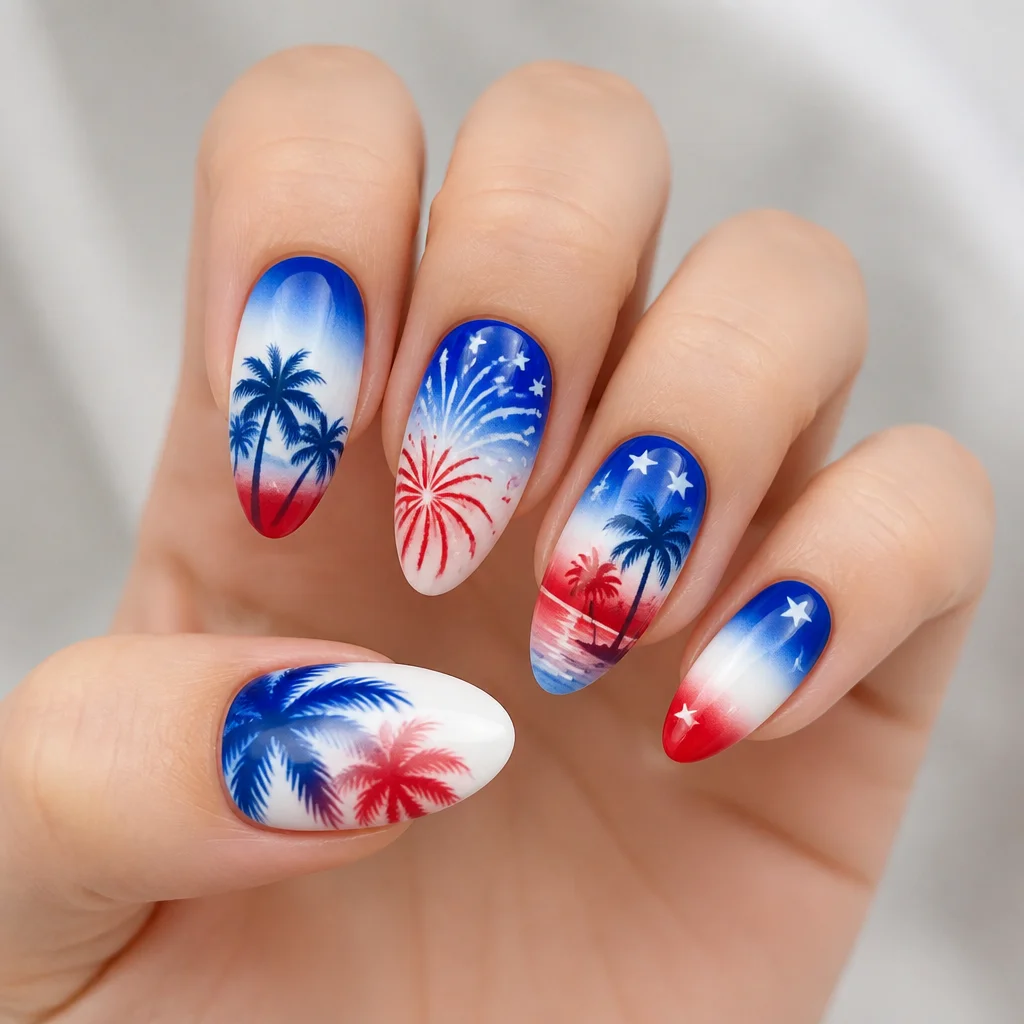 Celebrate 4th of July with white, almond-shaped nails featuring airbrushed palm trees. Ideal for fair skin tones.