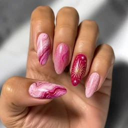 Medium-olive skin toned nail design in pink, featuring a New Year theme in a 3D style with marbled almond shape.