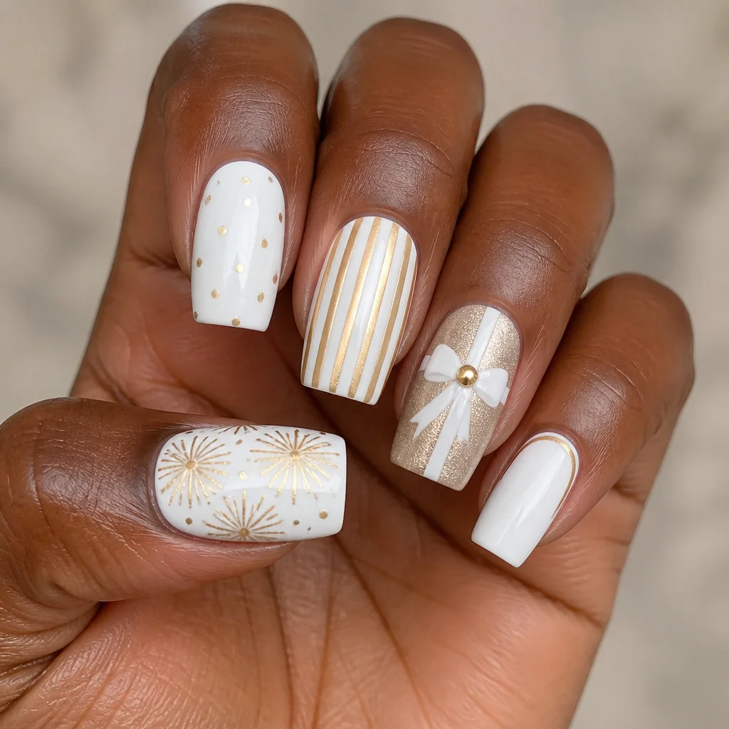White, square-shaped nails designed for a celebration. Exudes preppy style. Perfect for deep skin tones. Dip technique used.