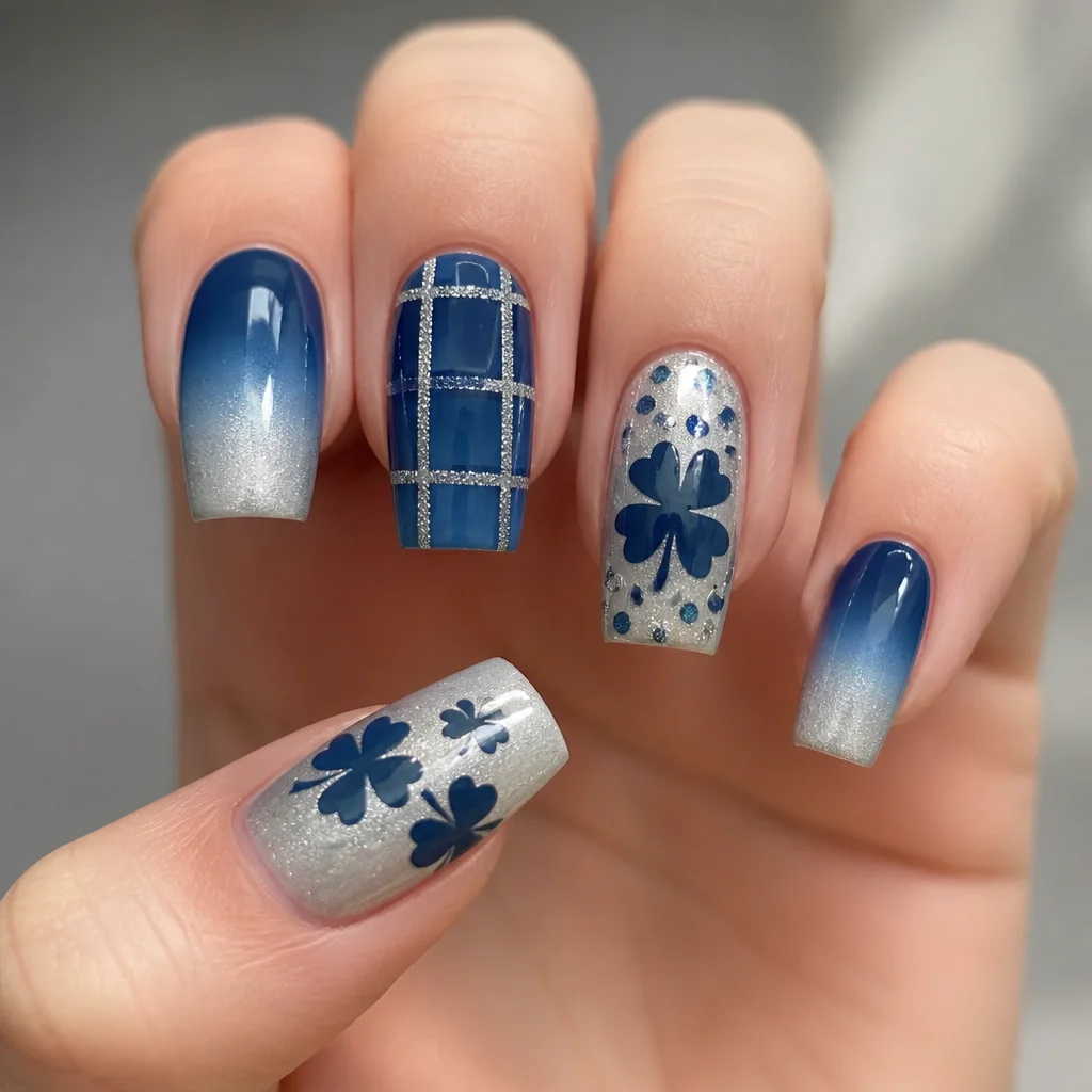 Show your St. Patrick’s day spirit with square-shaped ombre nails in blue and silver. Perfect for light skin tones.