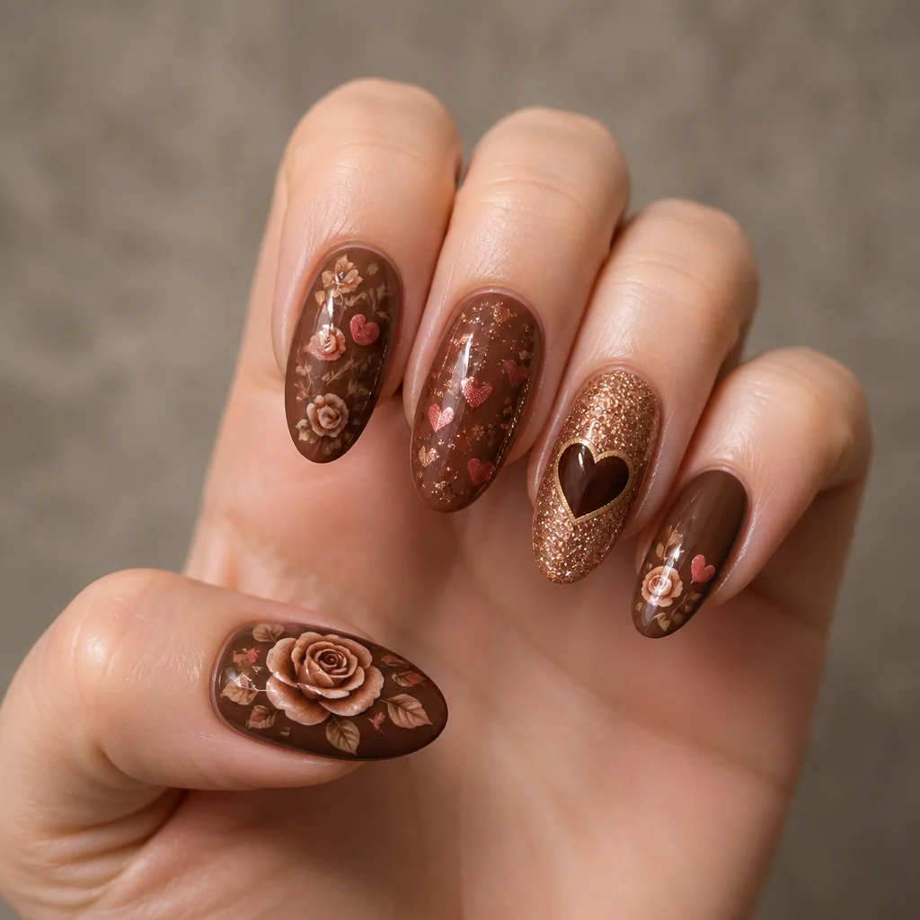 This brown, oval-shaped Valentine's Day themed manicure features a floral style and glitter technique for light skin tones.