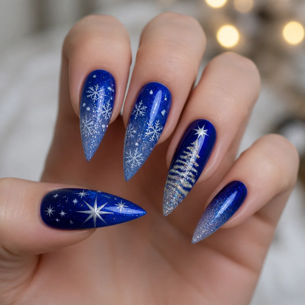 Exquisite royal blue stiletto Christmas nails. A must-try elegant ombre glitter style for fair skin tones.