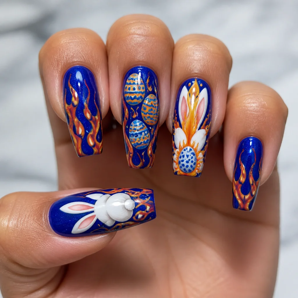 Medium-olive skin showcasing royal blue coffin-shaped nails with a fiery easter-themed powder dip technique.