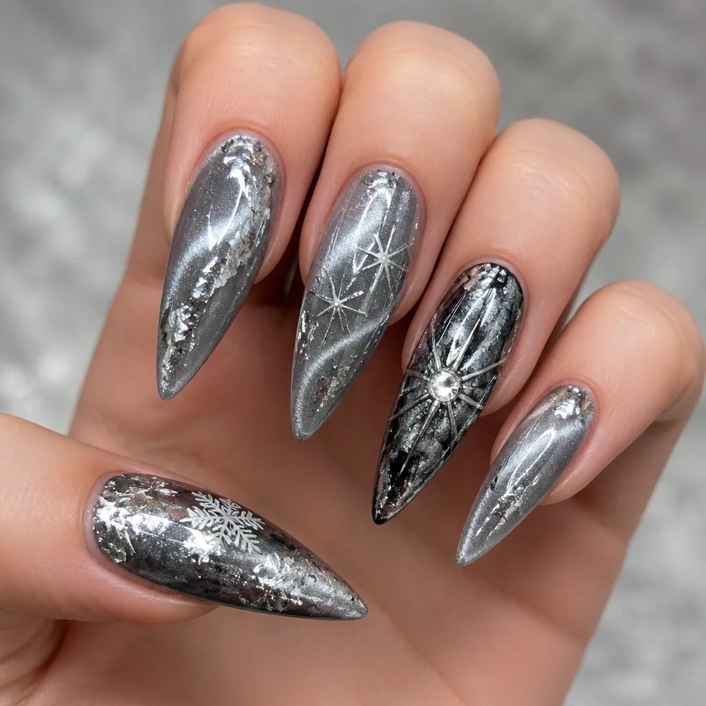 Light-skinned? Try stiletto foiled silver holiday themed cat eye style nails.