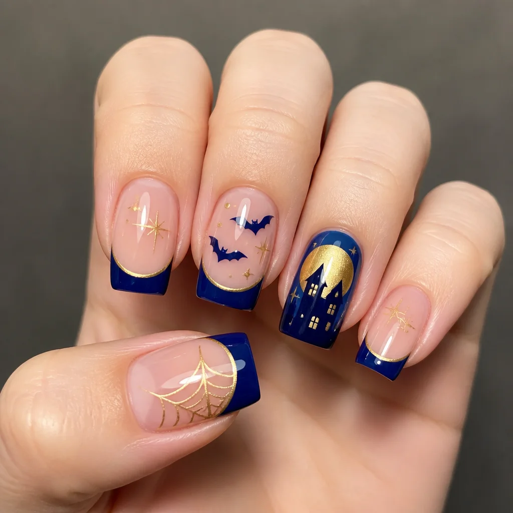 Blue & gold minimalist Halloween themed square french tips ideal for fair skin tones.
