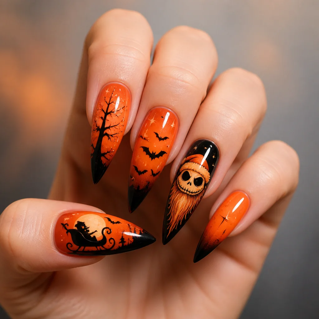 Spooky airbrushed orange stilettos, perfect for Christmas. Ideal for fair skin tones.