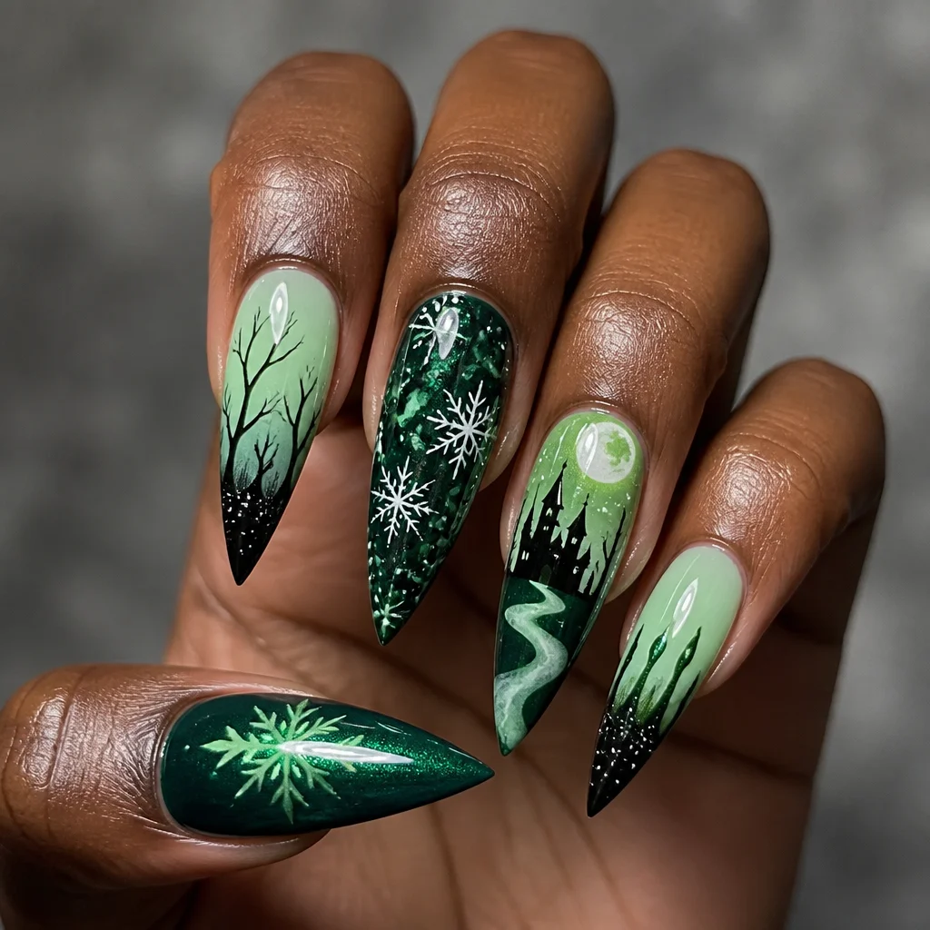 Unearthly green hue on stiletto shaped nails with a winter theme & dip technique, perfect for deep skin tones.