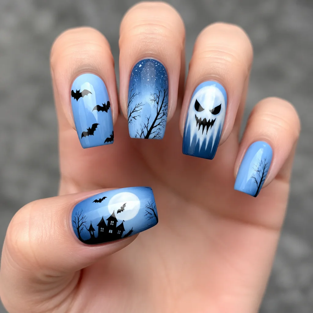 Fair skin, square-shaped nails with a basic Halloween-themed airbrush technique in light blue color.