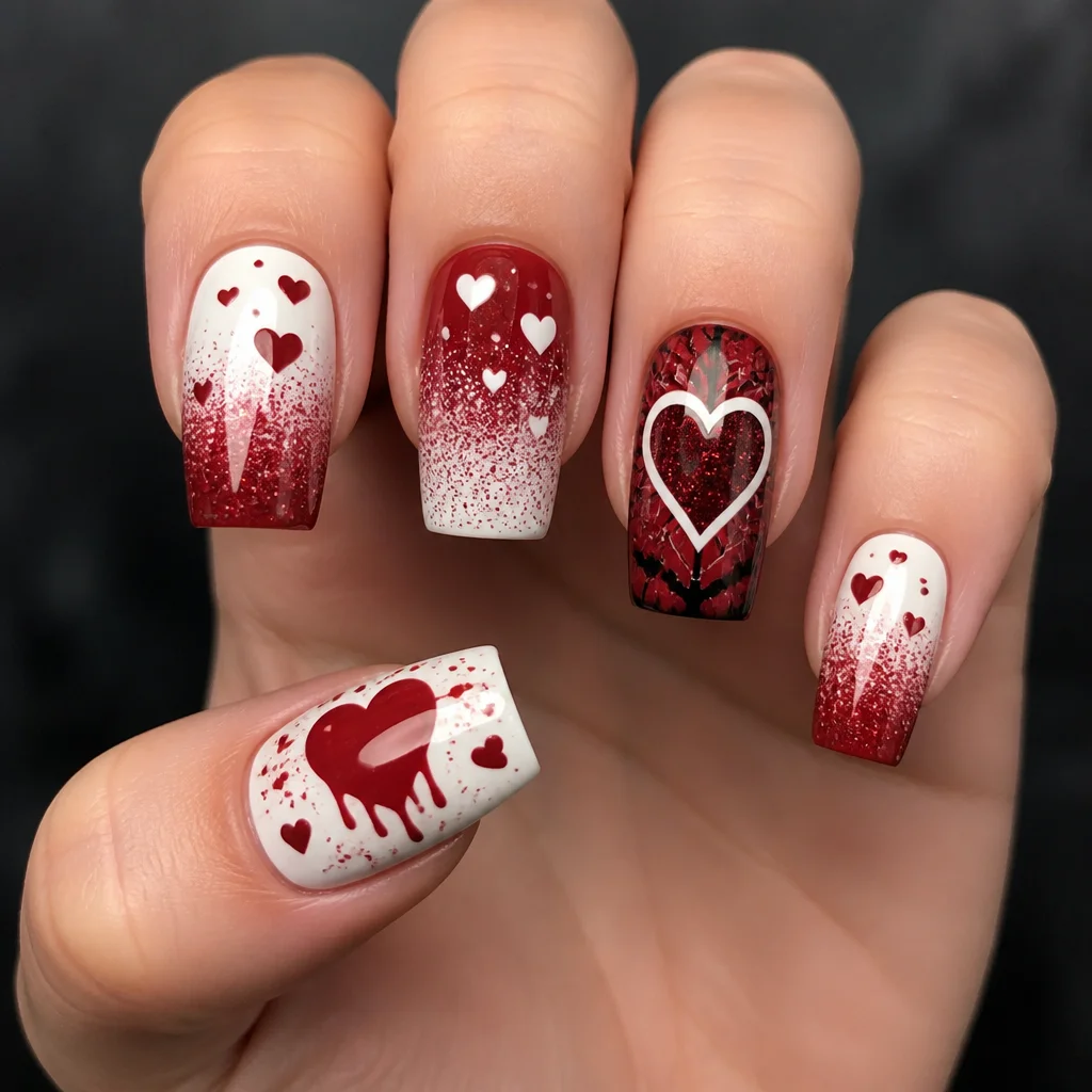 Square-shaped nails in ombre glitter effect, themed in red and white Halloween hearts for fair skin tones.