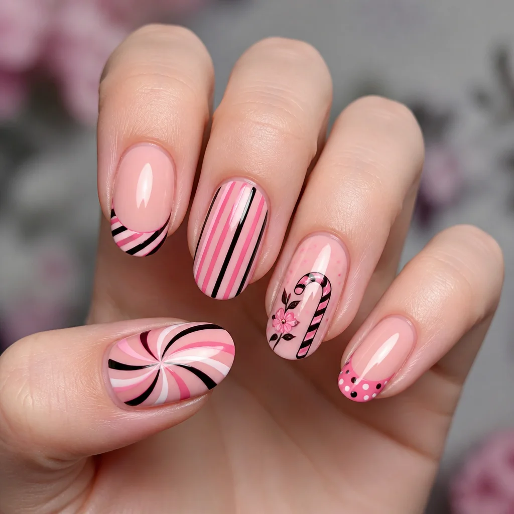 Oval nails with fair skin, pink and black candy cane pattern, spring theme with French tips.