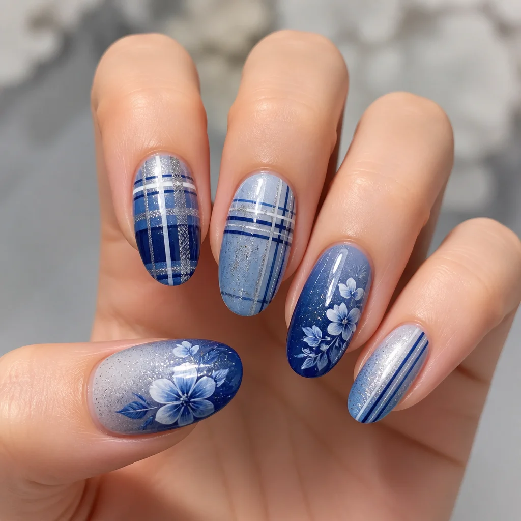 Fair skinned? Try oval-shaped, plaid-designed spring-themed blue/silver ombre glitter nails.