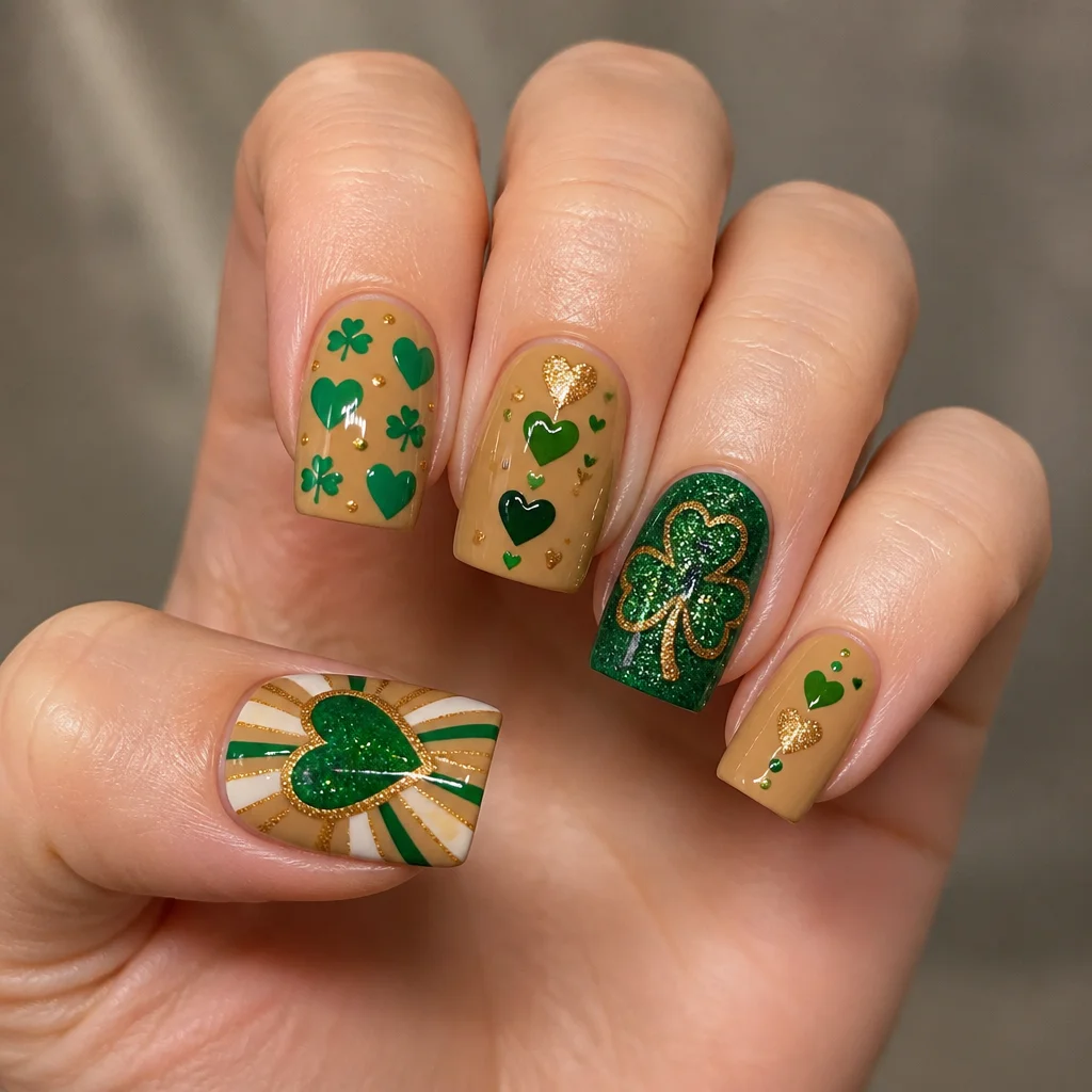 Charm with a tan St Patrick's themed heart design on square nails with glitter accents. Perfect for light skin tones.