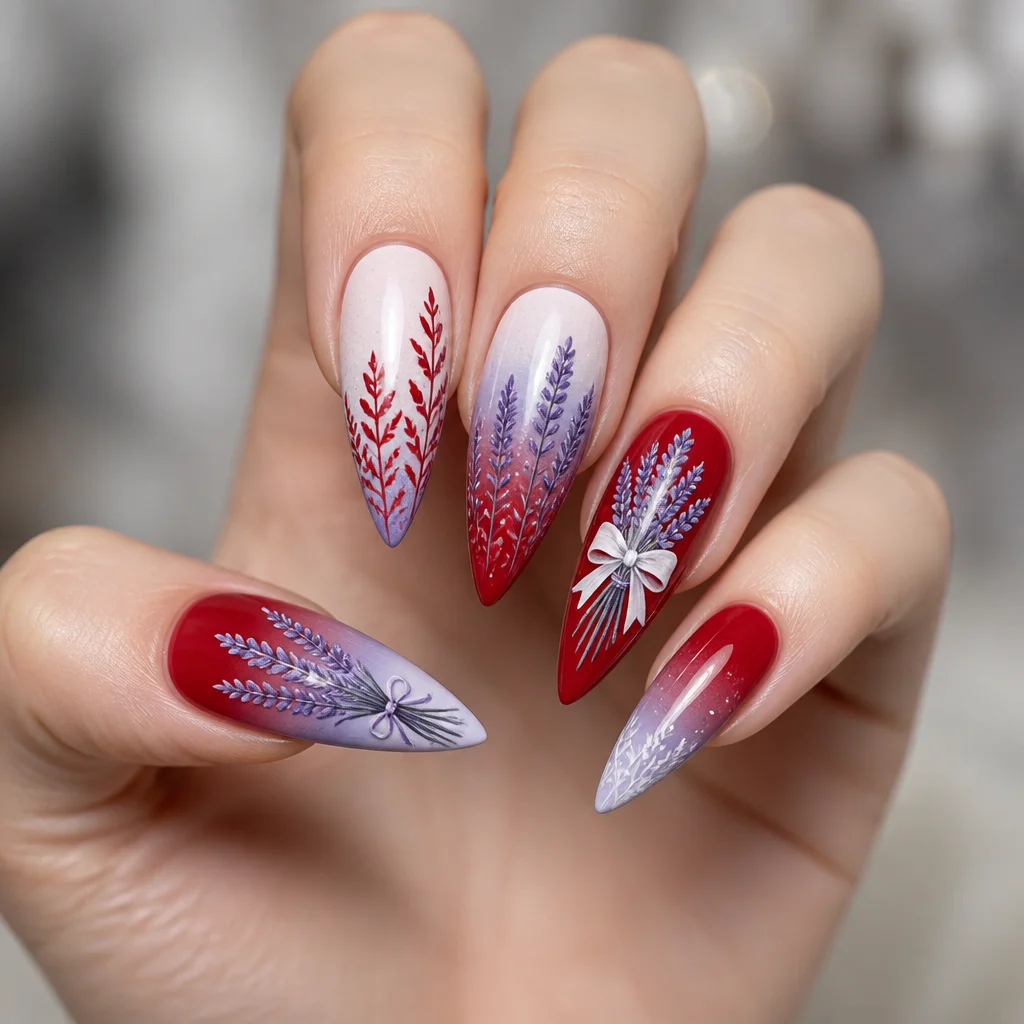 Enjoy the season with a red and white ombre stiletto themed nail style, perfect for light skin tones. Lovely lavender accent added.