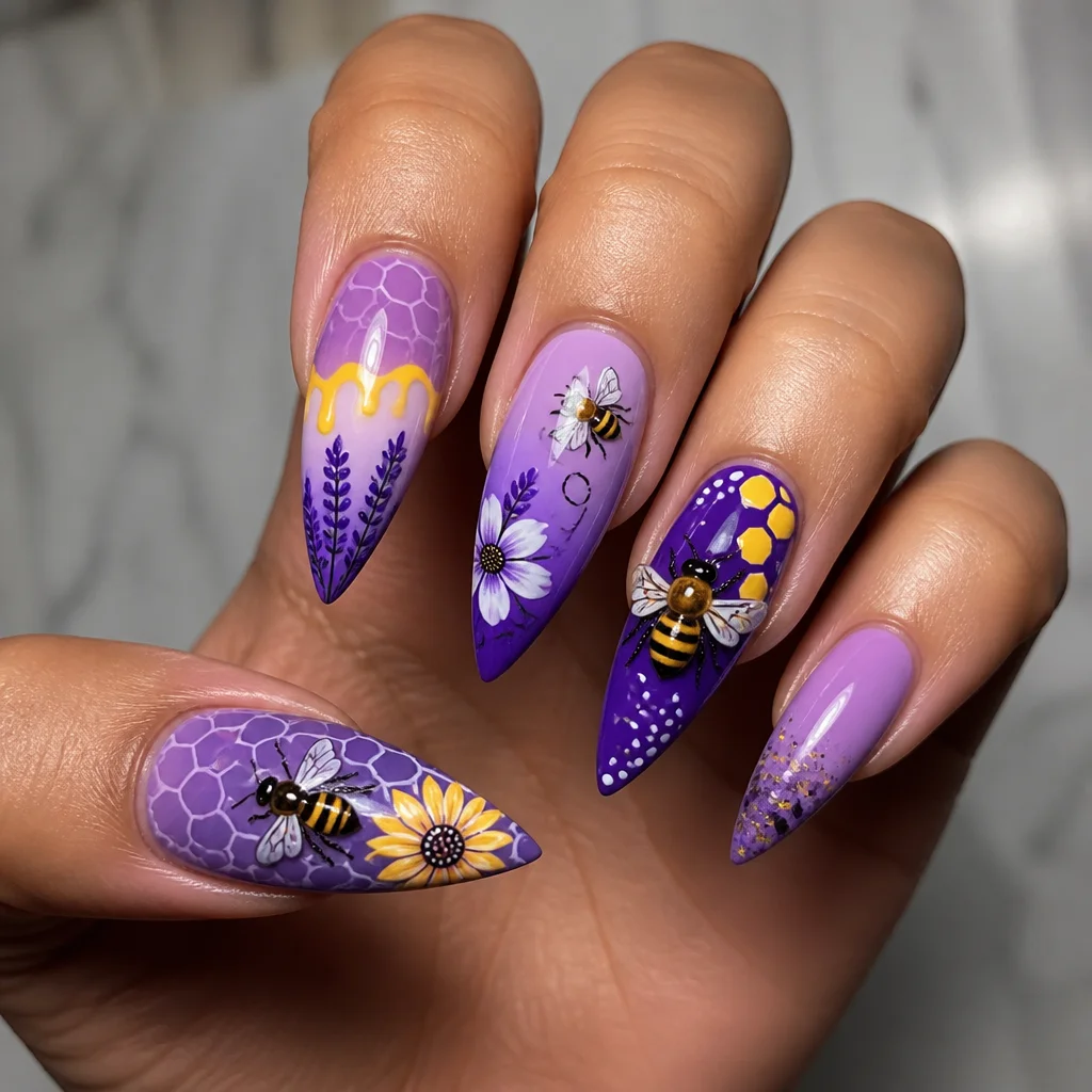 Medium-olive toned stiletto nails with a summer bee theme, colored in a beautiful purple using powder dip technique.