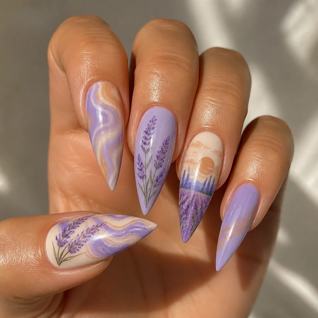 Medium-olive skin with stiletto-shaped tan nails. A summer theme featuring stylish lavender marble techniques.