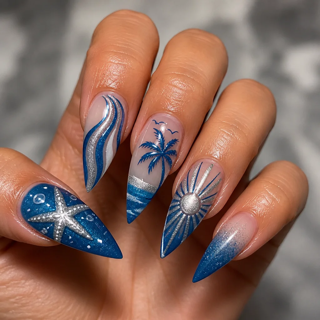 Medium-olive skin toned stiletto-shaped nails professionally dipped in blue and silver powder for a summer look.