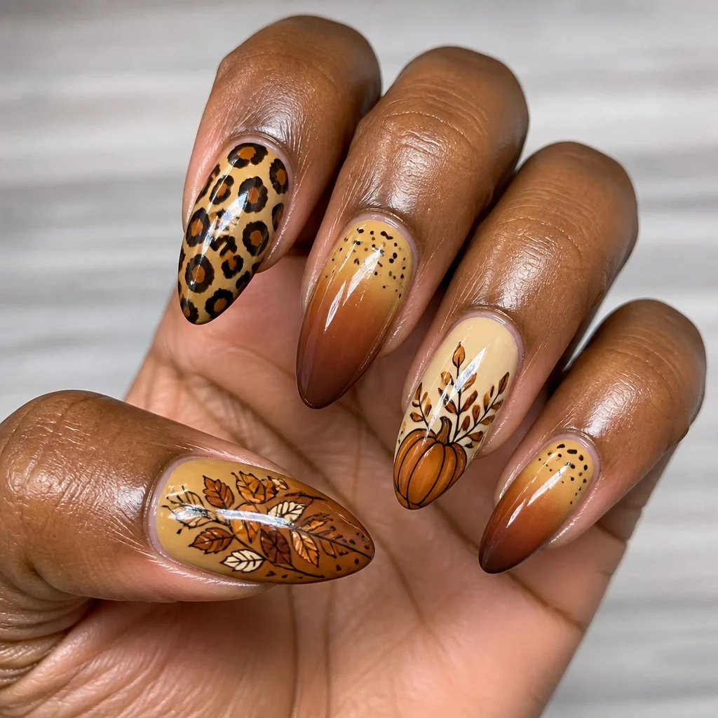 Tan almond-shaped nails featuring Thanksgiving-themed leopard print created with ombre dip powder technique. Perfect for deep skin tones.