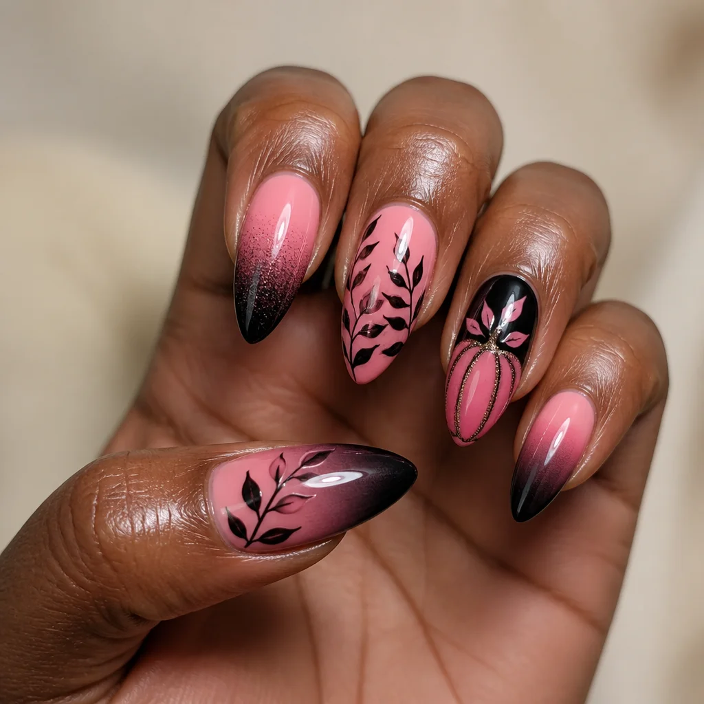 Deep skin-toned, pink and black ombre almond-shaped nails for a clear, festive Thanksgiving theme.