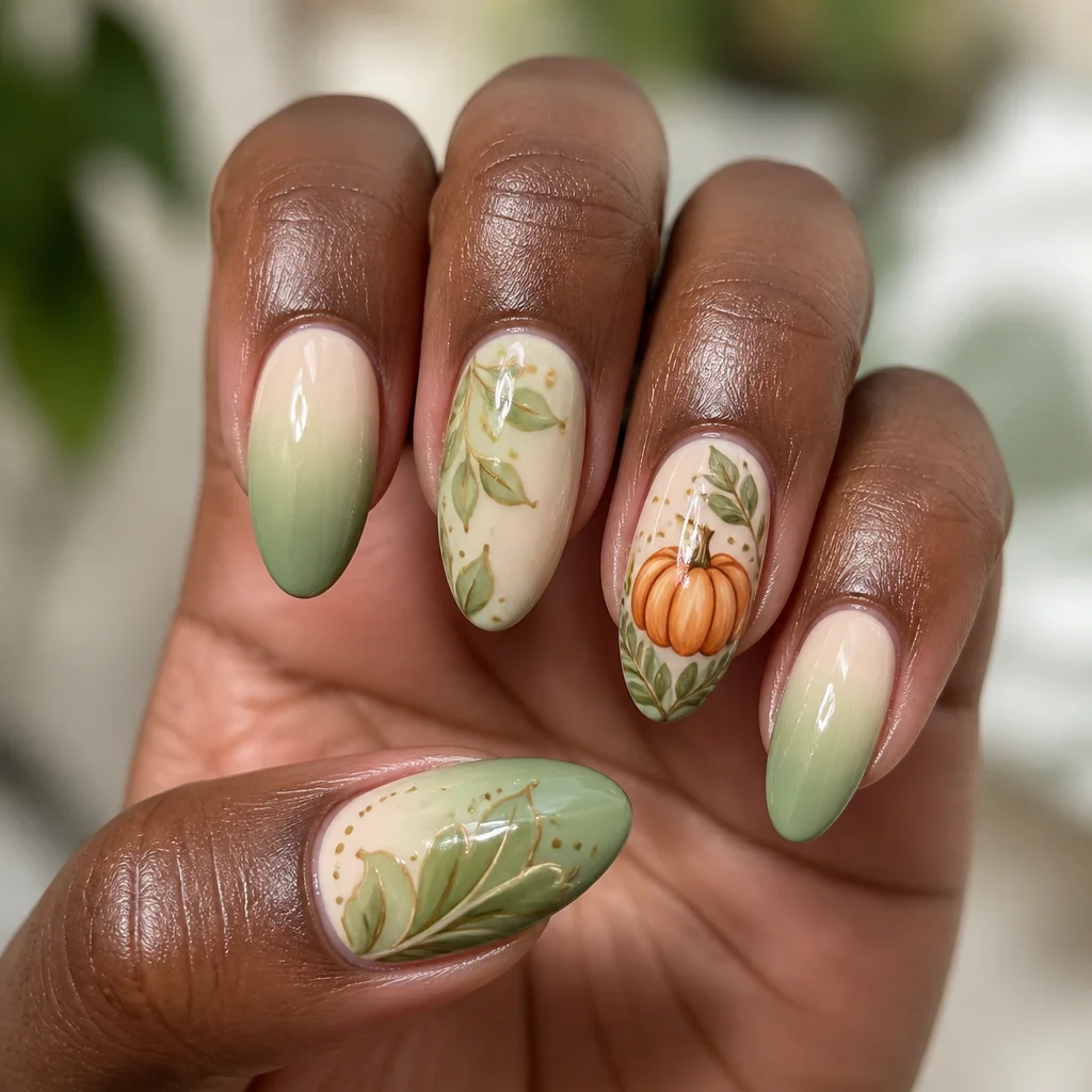 A light green, clear-styled Thanksgiving almond-shaped manicure using ombre dip powder technique for deep skin tones.