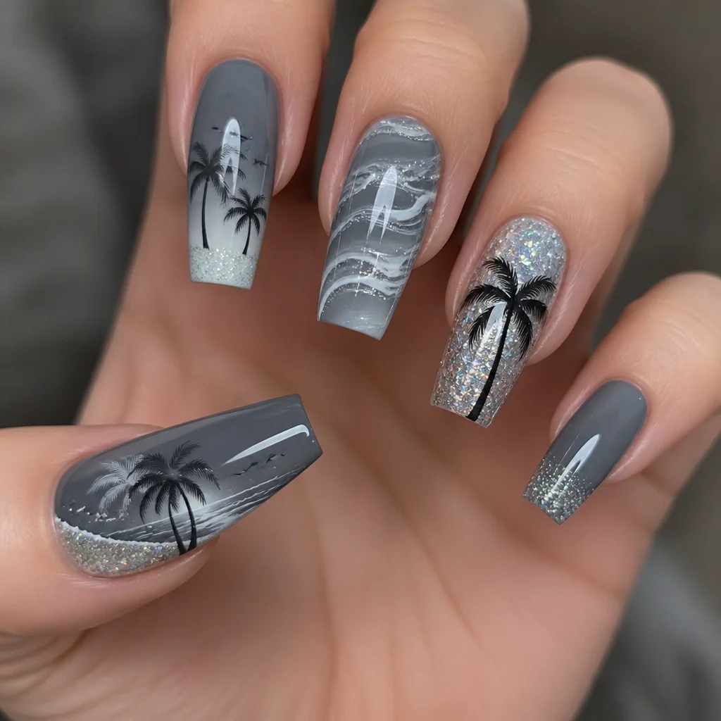 Dreamy grey coffin nails with a tropical beach theme. Accented with glitter. Perfect for light skin tones.