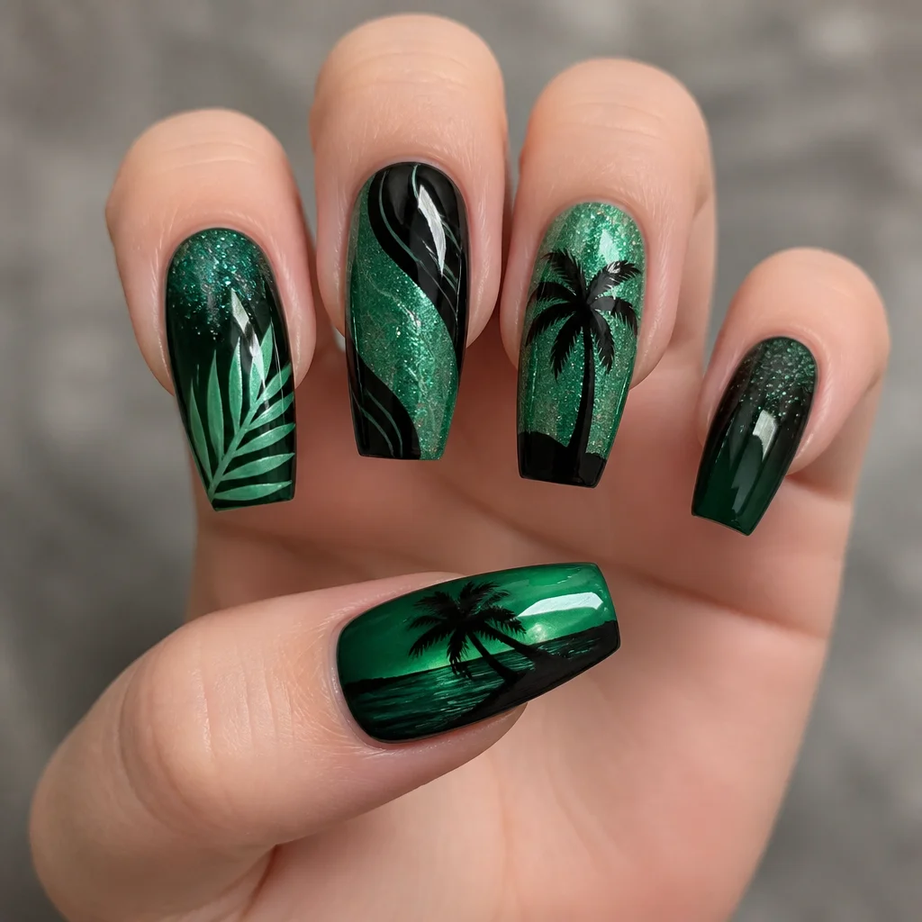 Sport a tropical beach-themed coffin-shaped manicure with glittery green and black hues, perfect for light skin tones.