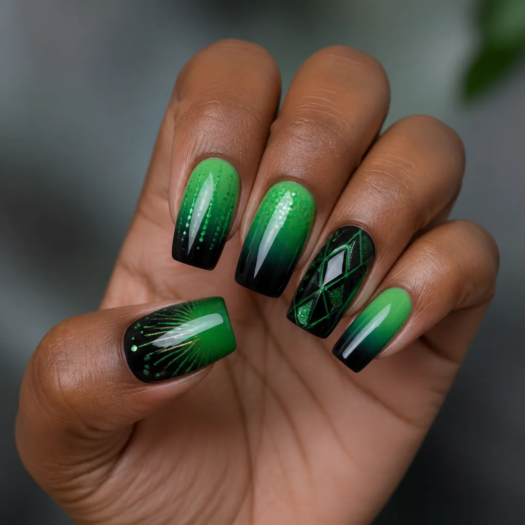 Green-black square nails, unique celebration-theme style, deep skin tone, using ombre dip powder technique.