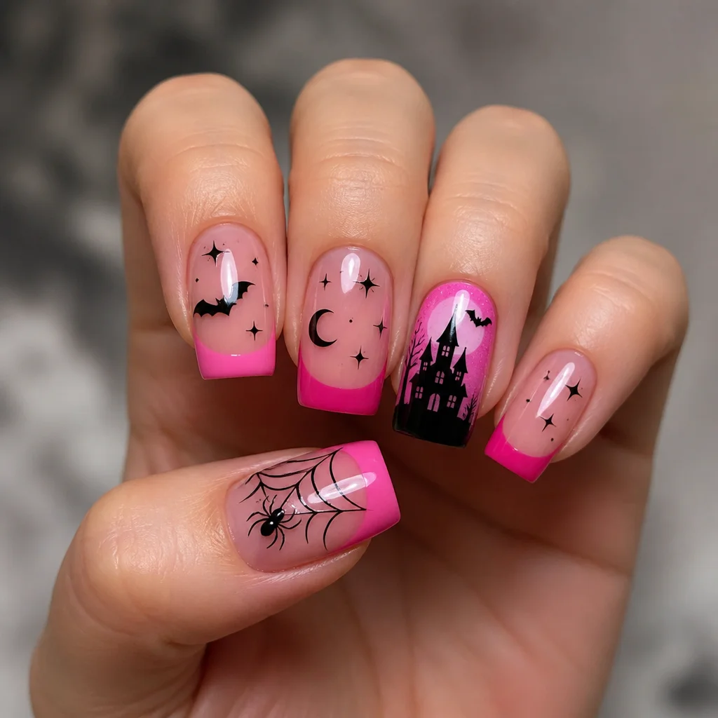 Flaunt a unique Halloween-themed French-tip manicure with a square nail shape and pink color on fair skin.
