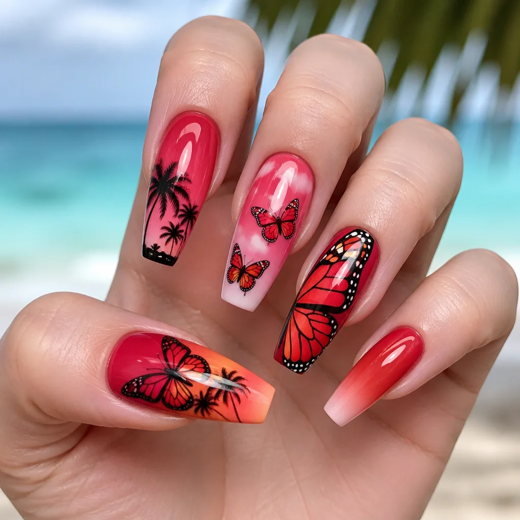 Red coffin-shaped nails themed on vacation using airbrush techniques, ideally for fair skin.