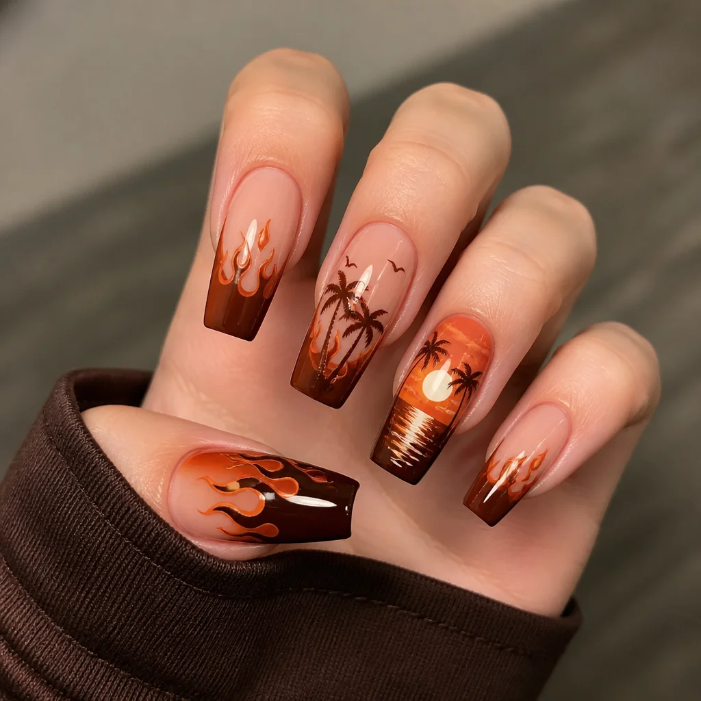 Fair complexion? Try a warm, brown, coffin-shaped french tip with a fire style. Perfect for vacation!