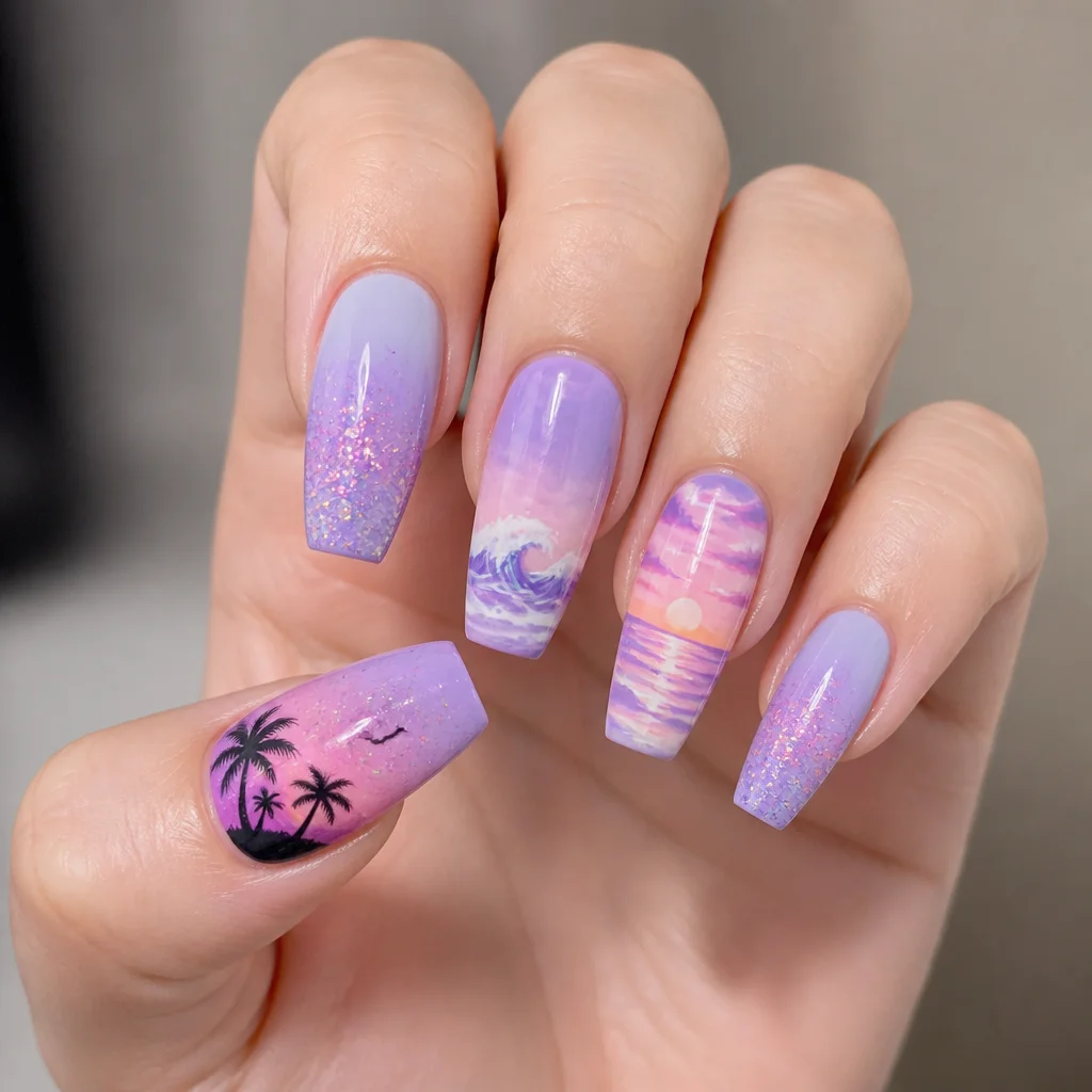 Radiant light purple coffin-shaped nails styled with vibrant ombre glitter for fair skin vacation goers.